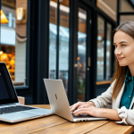 Secure Online Banking**

A professional woman in a modest, stylish blazer and blouse, sitting at a table in a brightly lit cafe, using a laptop. The laptop screen shows a banking website with a visible padlock icon. In the background, people are casually enjoying coffee and pastries. Emphasis on secure browsing habits. Safe for work, appropriate content, fully clothed, professional, perfect anatomy, correct proportions, well-formed hands, proper finger count, natural body proportions.

**