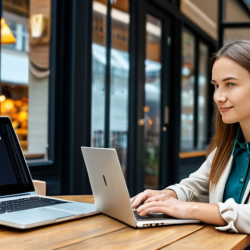 Secure Online Banking**

A professional woman in a modest, stylish blazer and blouse, sitting at a table in a brightly lit cafe, using a laptop. The laptop screen shows a banking website with a visible padlock icon. In the background, people are casually enjoying coffee and pastries. Emphasis on secure browsing habits. Safe for work, appropriate content, fully clothed, professional, perfect anatomy, correct proportions, well-formed hands, proper finger count, natural body proportions.

**