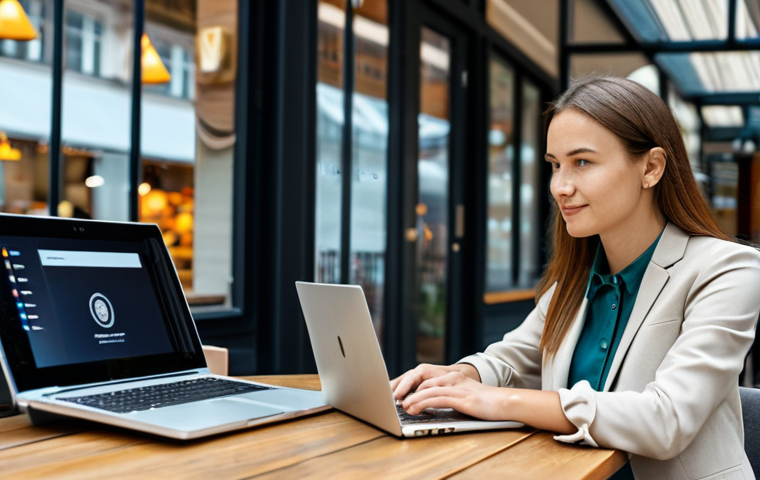 Secure Online Banking**
A professional woman in a modest, stylish blazer and blouse, sitting at a table in a brightly lit cafe, using a laptop. The laptop screen shows a banking website with a visible padlock icon. In the background, people are casually enjoying coffee and pastries. Emphasis on secure browsing habits. Safe for work, appropriate content, fully clothed, professional, perfect anatomy, correct proportions, well-formed hands, proper finger count, natural body proportions.
**