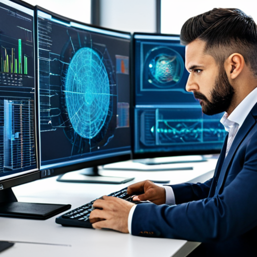 **Vulnerability Scan in Progress:** A network administrator in a modern office environment, reviewing the results of a vulnerability scan on a large monitor displaying complex network diagrams and security data, fully clothed, professional attire, safe for work, perfect anatomy, natural proportions, professional, appropriate content.