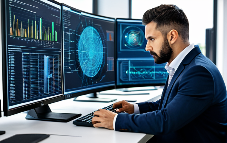 **Vulnerability Scan in Progress:** A network administrator in a modern office environment, reviewing the results of a vulnerability scan on a large monitor displaying complex network diagrams and security data, fully clothed, professional attire, safe for work, perfect anatomy, natural proportions, professional, appropriate content.