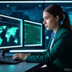 디지털 포렌식 및 분석 - **Prompt:** A focused digital forensic investigator, gender-neutral, in their early 30s, wearing sma...