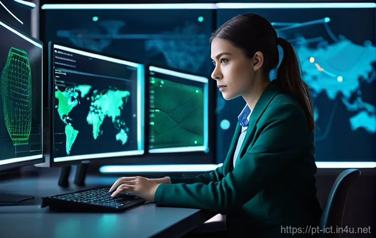 디지털 포렌식 및 분석 - **Prompt:** A focused digital forensic investigator, gender-neutral, in their early 30s, wearing sma...