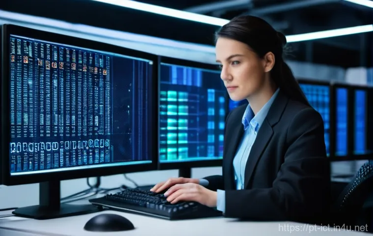 디지털 포렌식 및 분석 - **Prompt:** A focused digital forensic investigator, gender-neutral, in their early 30s, wearing sma...