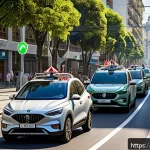 V2X Vehicle to Everything - A modern Brazilian city street scene featuring multiple connected vehicles equipped with visible sen...