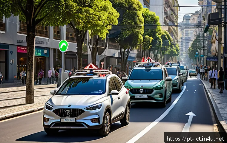V2X Vehicle to Everything - A modern Brazilian city street scene featuring multiple connected vehicles equipped with visible sen...