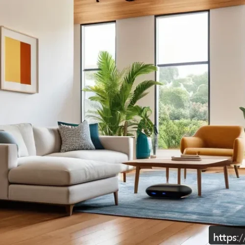 IoT 보안 및 프라이버시 - A modern Brazilian living room with multiple smart home devices such as smart speakers, smart camera...