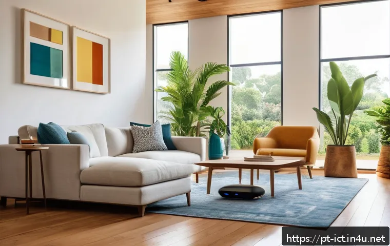 IoT 보안 및 프라이버시 - A modern Brazilian living room with multiple smart home devices such as smart speakers, smart camera...