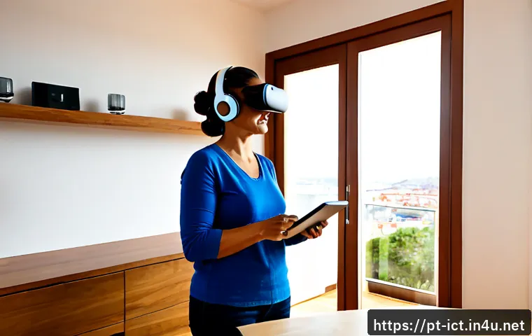 Home 17 VR AR 네트워크 최적화 - Photorealistic modern apartment in Lisbon, Portugal, a middle-aged woman wearing a lightweight mixed...