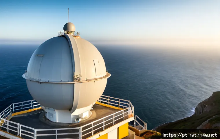 레이다 및 소나 시스템 - Photorealistic coastal radar station on a rugged Atlantic shoreline in Portugal, large white rotatin...